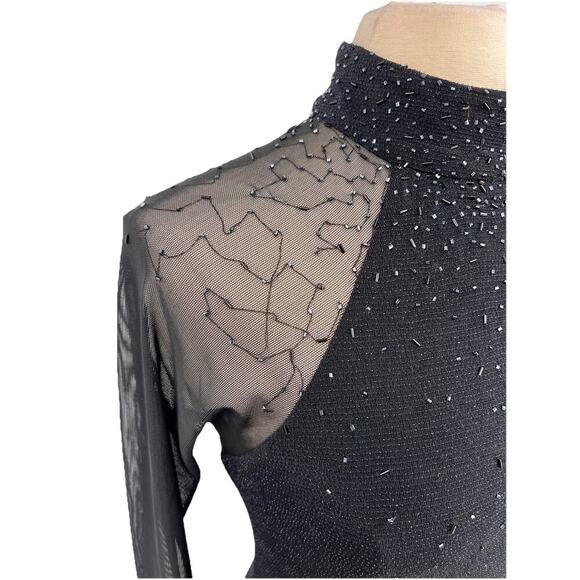 90s Vtg Black Sheer Sleeve Beaded Shimmer Fitted Maxi Dress Goth Whimsigoth 8 - Picture 3 of 15